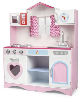 Produktbild von Bayagu Holzküche für Kinder Rosa Spielküche mit Backofen Mikrowelle Waschbecken und Uhr