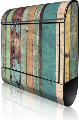 Produktbild von banjado Design Briefkasten Stahl schwarz mit Zeitungsfach pulverbeschichtet "Bunte Bretterwand" 38x46x12,5cm & 2 Schlüssel - Postkasten A4 Einwurf inkl. Montagematerial [BKSCH 10754]