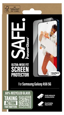 Produktbild von PanzerGlass SAFE. by ® Displayschutz Samsung Galaxy A56 5G | Ultra-Wide Fit m. EasyAligner, Samsung, Samsung - Galaxy A56 5G, Trockene Anwendung, Kratzresistent, Schockresistent, Transparent, 1 Stück(e)