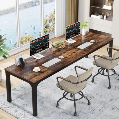 Image de Bureau informatique 200x70x75 cm, double bureau long pour 2 personnes, bureau de travail, style rustique, couleur marron