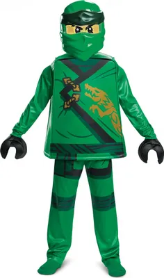 A child's green Lego Ninjago costume is displayed against a white background.