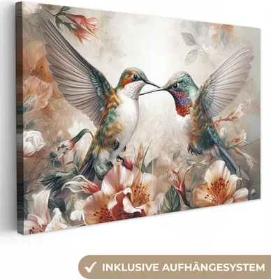 Produktbild von MuchoWow® - Leinwandbilder - Kolibri - Vögel - Blumen - Natur, Wandbild, Wanddeko Bilder Wohnzimmer, 120x80 cm