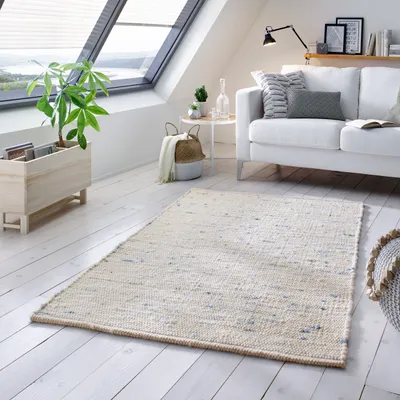Produktbild von Wollteppich Natur Handweb Teppich I Reine Schur-Wolle im Skandinavischen Design I Wohnzimmer Schlafzimmer Esszimmer Kinderzimer Büro |  Blau Meliert