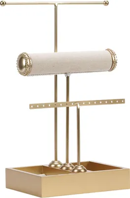 Produktbild von Schmuckständer mit 3 Ebenen, Gold, höhenverstellbar, Holzbasis, Armbandhalter, Uhrenständer, Ohrringhalter, viel Stauraum für Halsketten.
