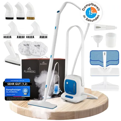 Produktbild von ALANBERG® Dampfreiniger, Leistung: 1500 W, Aufheizzeit: 15sec., 6-Dampfintensitäten, Volumen: 1.3L, 20-teiliges Zubehörset, Tragbar oder Rollend, Weiß
