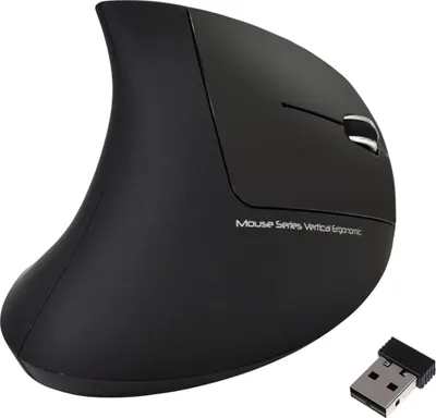 A black ergonomic vertical mouse and its USB receiver are shown against a white background.