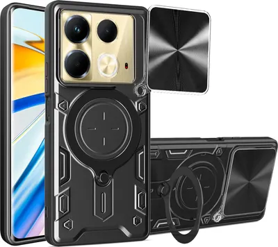 Produktbild von Handyhülle für Infinix Note 40 4G Dual-Layer Stoßfest Rüstung Hülle mit Dia Kameraschutz und Kreisförmig Ring Ständer Schwarz