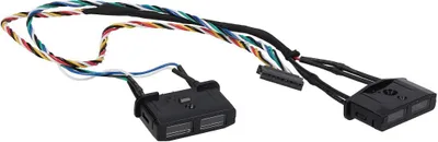 A close-up of a black electronic component with multiple colored wires attached, isolated on a white background.