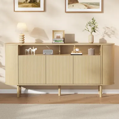 Produktbild von STILVORA Sideboard mit 3 Wellentüren und offenem Ablagefach, Kommode mit Massivholzbeinen, Wohnzimmerschrank aus Spanplatte für Wohnzimmer und Flur