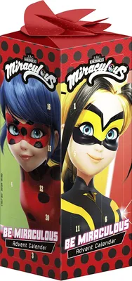 A close-up view of a Miraculous Advent calendar, featuring characters from the show.