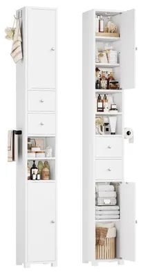 Image de Armoire de salle de bain étroite, dimensions 20 x 20 x 181,5 cm, avec 2 portes et étagères réglables