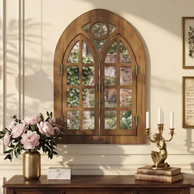 Immagine prodotto di Specchio da parete a forma di arco con cornice in legno apribile, finitura in legno naturale