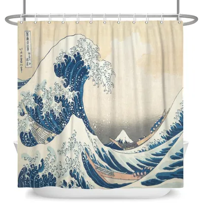 Imagen del producto de Cortina de ducha con motivo de olas del océano japonés, 165x183 cm