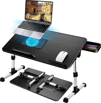 Zdjęcie produktu dla Stolik na laptopa do łóżka z regulacją wysokości i kąta nachylenia, z szufladą na laptopa, stolik na laptopa do sofy 53x30cm czarny
