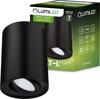 Produktbild von LUMILED bodové svítidlo pro povrchovou montáž, stropní svítidlo pro povrchovou montáž, stropní bodové svítidlo, kulaté, otočné o 15°, černé, bodové stropní svítidlo z hliníku, patice GU10, 230V, délka: 8,5 cm, výška: 11,5 cm
