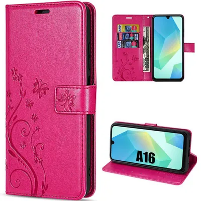 Image de Coque pour Samsung Galaxy A16 5G/4G Flip Case Antichoc Cuir Synthétique Motif Relief Floral Papillon - Fuchsia
