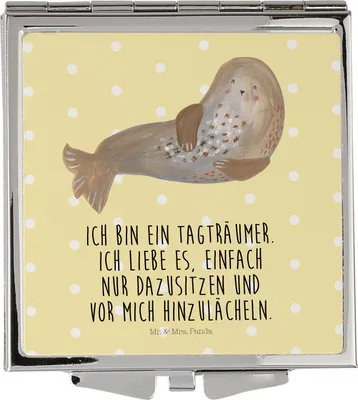 Produktbild von Mr. & Mrs. Panda Kleiner Spiegel Robbe Lachen - Gelb Pastell - Geschenk, Nordsee, Kosmetikspiegel, Handspiegel, Strand, Klappspiegel, Ostsee, Robben, Lustige Sprüche