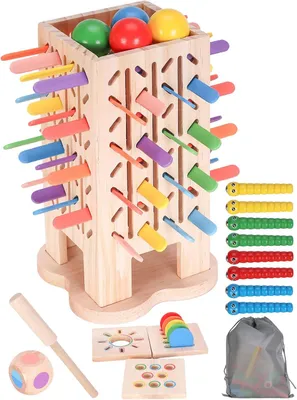 Produktbild von Montessori Spielzeug ab 3 Jahren, 60 Stück Holz Lernspiele, Holzturm Spiele Farblernturm Brettspiel Stäben Würfelspiel, für Familienspiel Reisespiel