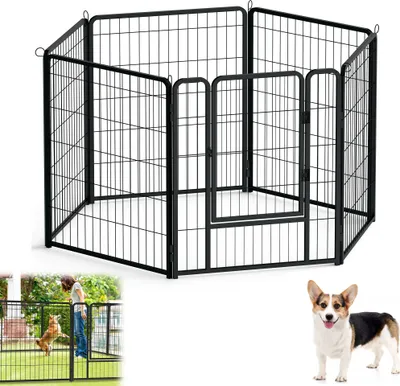 Produktbild von UISEBRT 6dílný výběh pro štěňata Ohrádka pro štěňata Volný výběh 80x 65 cm Skládací volný výběh Ohrádka pro zvířata včetně dvířek Kotvení do země
