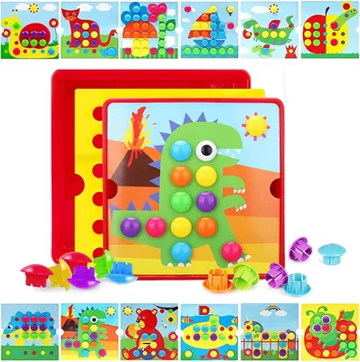 Imagen del producto de Juego Kindermosaik con 46 cuentas grandes, 12 tarjetas de colores, tema de dinosaurios, para niños pequeños a partir de 2 años
