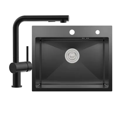 Produktbild von Edelstahlspüle 55x45 cm mit Armatur & Seifenspender, kratzfeste Küchenspüle schwarz, Spülbecken Set, nano-beschichtet, Einbauspüle, Cecipa MAX Spüle