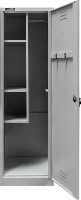 An open metal locker with shelves on the left and a hanging rod on the right.