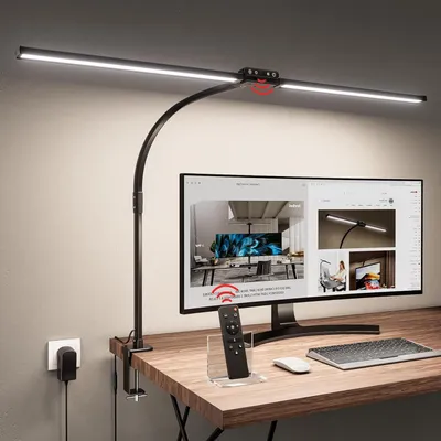 Zdjęcie produktu dla Lampa biurkowa LED - lampa zaciskowa - oświetlenie stanowiska pracy - podwójna głowica lampy - 80 cm - czarna