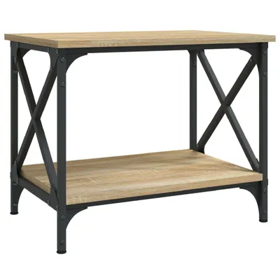 A studio shot of a two-tiered side table with a wooden top and shelf, supported by a dark metal frame.