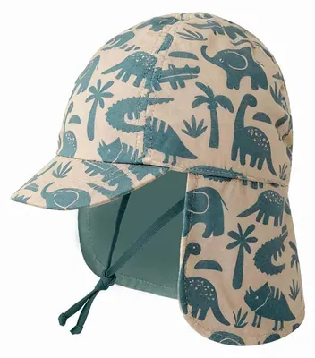 Produktbild von Baby Kinder Sonnenhut mit Nackenschutz Olivgrüner Dinosaurier 1-3 Jahre 100% Baumwolle