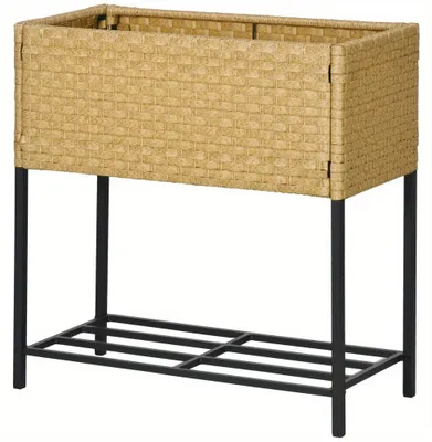 Image de Pot de fleurs - Jardinière - Bac de jardin - Bac potager - Bac surélevé - Aspect rotin - Structure métallique - 70x30x72 cm