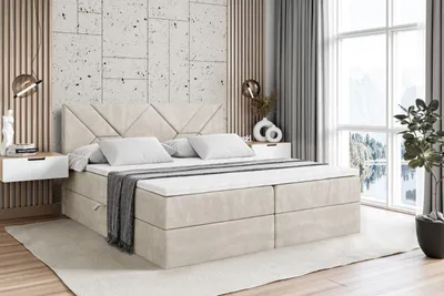 Produktbild von ALTDECOR Boxspringbett mit Multipocket-Matratze H4 (20 cm hoch) mit + PUR + Kokosmatte, Topper (5 cm hoch), Polsterbett mit Kopfteil und Bettkasten - BARWA - 160x200 - Beige Samt