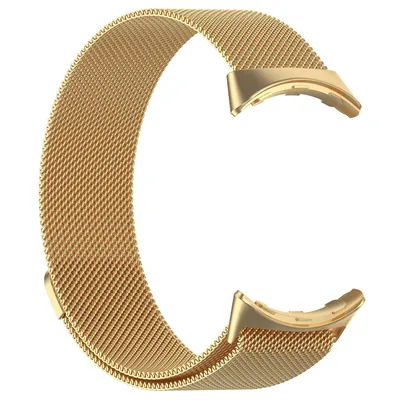 A gold-colored metal mesh watch band with a magnetic clasp, shown against a white background.