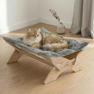 Image de Lit pour chat en peluche et velours, hamac pour chat en bois, couleur grise, dimensions : 54 x 42 x 21 cm