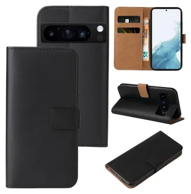A collage of images showing a black flip phone case for a Google Pixel 8 Pro, including the case open with a phone inside, the case folded to stand, and the case closed.