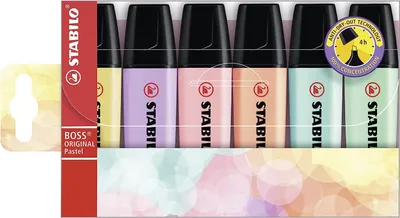 Zdjęcie produktu dla Rozświetlacz - STABILO BOSS ORIGINAL Pastel - opakowanie 6 sztuk - pudrowy żółty, kremowy brzoskwiniowy, różany rumieniec, połysk fioletu, odrobina miętowej zieleni, delikatny turkusowy