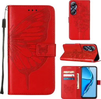 Produktbild von Infinix Hot 20 4G Hülle, Schmetterling Prägung Flip Leder Kartenfächer Schutzhülle Ledertasche mit Ständer für Infinix Hot 20 4G Rot
