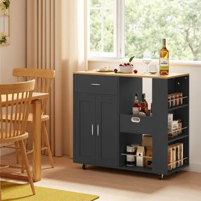 Image de Ilot de cuisine mobile ProximaX en noir - plan de travail en chêne, design de rangement ouvert & amovible, flexible pour la cuisine et la salle à manger