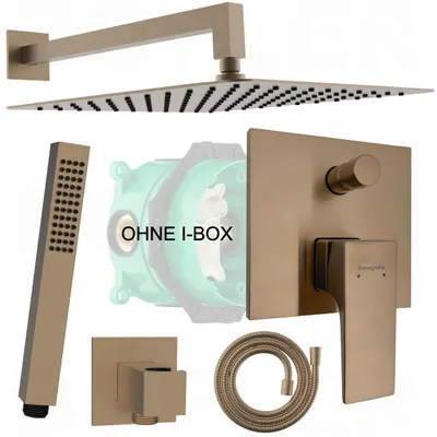 A collage of shower system components against a white background.
