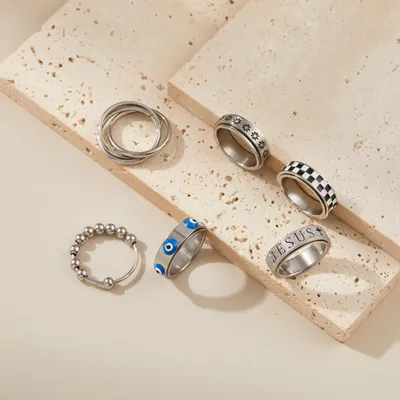 Produktbild von Fidget Ringe aus Edelstahl, 6 Stück, mit Spinnerfunktion, für Stressabbau