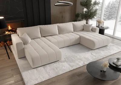 Image de Canapé d'angle avec fonction de couchage et coffre de lit MILO U, tissu WIND, beige