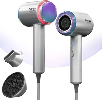 Produktbild von Ionen Haartrockner, Feekaa Schnelltrocknender Föhn, 100 Millionen negative Ionen, sorgt für glänzendes Haar, mit rotierender Magnetdüse, Konzentrat und Diffusor, für Reisen & lockiges Haar, Silber