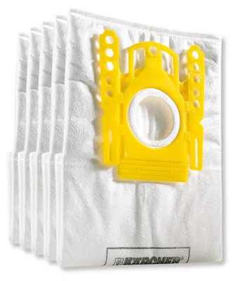 A stack of vacuum cleaner bags with a yellow plastic connector.