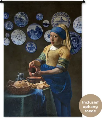 Produktbild von MuchoWow® Wandteppich Wandbehang Milchmädchen - Mädchen mit Perlenohrring - Delfter Blau 90x135 cm Tapisserie Dekoration Wandtuch - Baumwolle - Wandskulptur