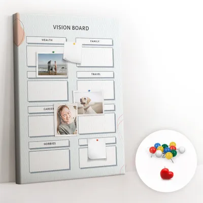 Imagen del producto de Tablero de corcho con chinchetas - Panel con chinchetas para fotografías y notas - 70x100 cm - Chinchetas de colores, 100 unidades - Tablero de anuncios