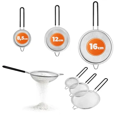 Obrázek produktu pro Sada kuchyňských sít – jemné síto – nerezová ocel – 3dílná – 8,5/12/18 cm – na mouku, cukr, těstoviny – vhodná pro styk s potravinami