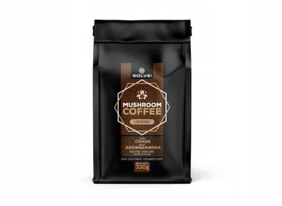 A black bag of mushroom coffee with text and graphics on the front.