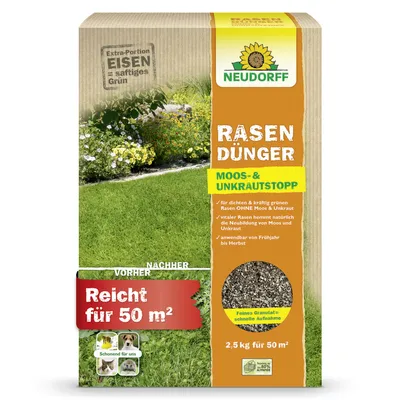 Produktbild von Neudorff RasenDünger Moos- & UnkrautStopp 2,5 kg für 50 m² - Extra Eisen für dichten Rasen, feine Körnung, kein Vertikutieren, tierfreundlich