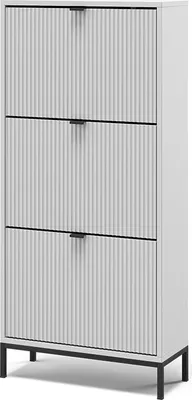 A white shoe cabinet with three flip-down drawers and black legs, shown against a white background.