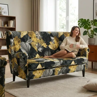 Produktbild von Schlafsofa ARI Poly 5 – im Ohrensessel-Stil, Webstoff in Schwarz (Monstera), Family Meble, KI-generiertes Bild