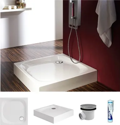 Produktbild von ECOLAM Duschwanne Duschtasse  Viereck quadratisch 90x90 x16 cm Tiefe 5 cm Acryl weiß + Siphon + Silikon